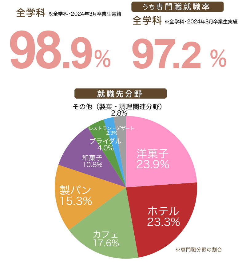 全学科 97.8% （2023年3月末時点） うち専門職就職率 993.8%　（就職先分野別円グラフ